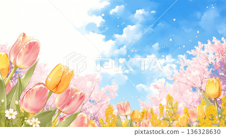 A fantastical landscape of cherry blossoms in full bloom spreading across the sky above, and a soft, airy illustration. Spring, nature, flowers, natural 136328630