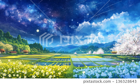 一幅絕美的自然風景插畫，描繪了櫻花在春風和陽光下搖曳的景象。自然、花卉、春景、夢想、療癒。 136328643