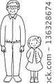 A cute full-body illustration of a smiling grandfather and his granddaughter standing side by side. Line drawing. 136328674