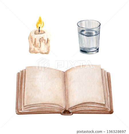 Open book, burning candle stub and glass of water watercolor set isolated on white. Minimal hand-painted illustration pack suitable for education, editorial layouts, presentations, symbolic concepts 136328697