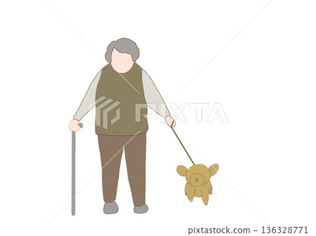 一位老婦人拄著拐杖遛狗的插圖 136328771