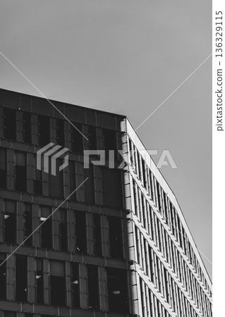 Modern Office Building Facade in Dramatic Black and White Contrast 136329115