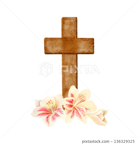 Wooden cross with lilies at its base watercolor isolated on white, perfect for Easter design, church prints, worship posters, religious branding. Symbol of faith and resurrection painted in warm tones Wooden cross with lilies at its base watercolor isolated on white, perfect for Easter design, church prints, worship posters, religious branding. Symbol of faith and resurrection painted in warm tones 136329325
