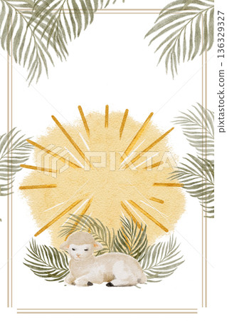 Radiant golden halo in cross shape, resting lamb framed by palm leaves watercolor template ideal for Easter designs, faith projects, invitations, posters and spiritual backgrounds. Peaceful 136329327