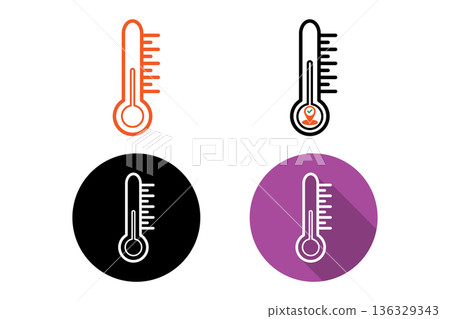 Thermometer Icon Set in Orange, Black, and Purple With Round and Flat Designs for Temperature Concepts 136329343