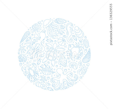 Underwater marine life in a round concept. Aquatic creatures and flora in a circle design. Ocean fauna and sea plants abstract doodle style, seamless background, flat format. 136329555