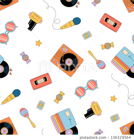 Groovy retro seamless music background with cassette, record, disk, and player pattern. Party elements add y2k audio and microphone pattern for a fun vintage look. Perfect for themed wallpaper or 136329564