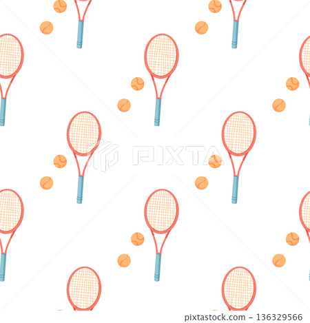 Colorful seamless pattern with tennis rackets and balls. Flat design celebrating equipment and activity of the sport. Perfect for texture, fitness decor, workout wallpaper, or gym fabric concepts. 136329566