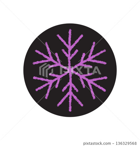 Purple chalk snowflake sticker ornament on black circle lid. Frost and icy chill for winter package. Holiday xmas element decorates cold season product, unique snow flake accent for festive 136329568
