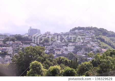長崎山坡上,房屋密集,綠樹成蔭。 長崎山坡上,房屋密集,綠樹成蔭。 136329629