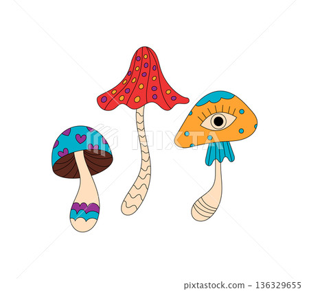 Groovy psychedelic mushroom in retro cartoon graphic style and colorful trippy magic form. Groovy element as fantasy shroom sticker, perfect y2k art for unique playful decor or vintage creative Groovy psychedelic mushroom in retro cartoon graphic style and colorful trippy magic form. Groovy element as fantasy shroom sticker, perfect y2k art for unique playful decor or vintage creative 136329655