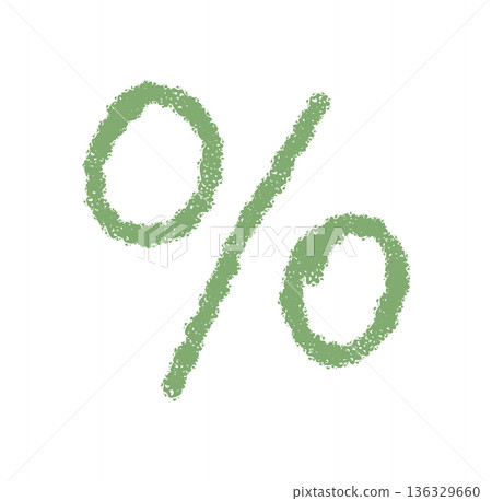 Green crayon percent symbol in hand drawn pastel sketch style. Chalk font element appears as clear punctuation, artistic and bold in graphic presentation. Perfect for creative isolated sign or school 136329660