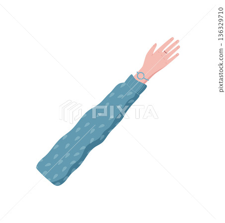 Colorful cartoon raised human hand with expressive gesture and extended fingers. Symbolic arm design conveying human action and creativity. Flat vibrant style for abstract concept or modern use. 136329710