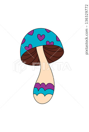 Groovy retro mushroom sticker with blue and pink heart is a playful cartoon graphic. Psychedelic and y2k vibe as groovy element, fun for sticker, graphic or pop art. Groovy retro mushroom sticker with blue and pink heart is a playful cartoon graphic. Psychedelic and y2k vibe as groovy element, fun for sticker, graphic or pop art. 136329772