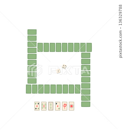 Flat Mahjong board game sticker with dice and tile pieces. Chinese boardgame recreation with structured table layout. Ideal for hobby and leisure concepts. 136329788