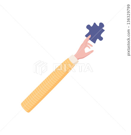 Flat hand with raised finger holding a puzzle piece symbol in a colorful abstract style. Human gesture conveying metaphor for solution and creative strategy. Modern art highlighting ideas for 136329799