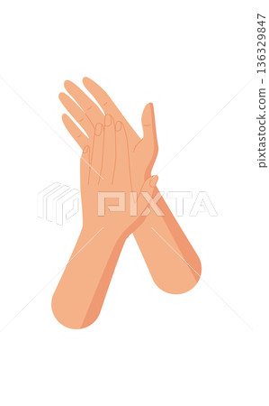 Flat cartoon graphic style applause and hand gesture sticker. Clapping hands express celebration, recognition, and joyful appreciation. Gesture symbolizes congratulation, human connection, unity in 136329847