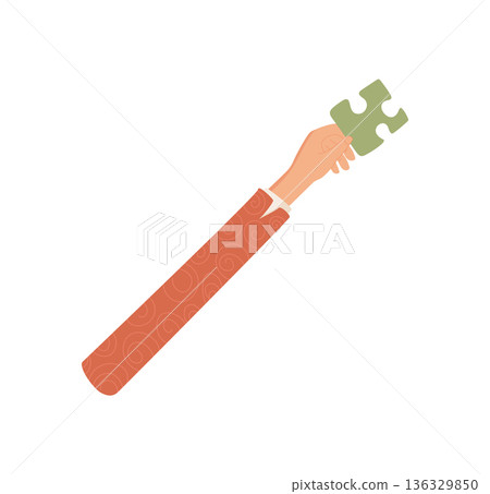 Flat hand raising puzzle piece in minimalist style. Symbolic gesture of teamwork and solution with focus on unity. A creative concept embodying human connection and strategy, ideal for community 136329850