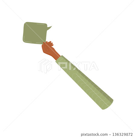 Cartoon hand with green speech bubble. Raised gesture holding message box for chat or communication. Creative and flat style, perfect for abstract designs and templates. Cartoon hand with green speech bubble. Raised gesture holding message box for chat or communication. Creative and flat style, perfect for abstract designs and templates. 136329872