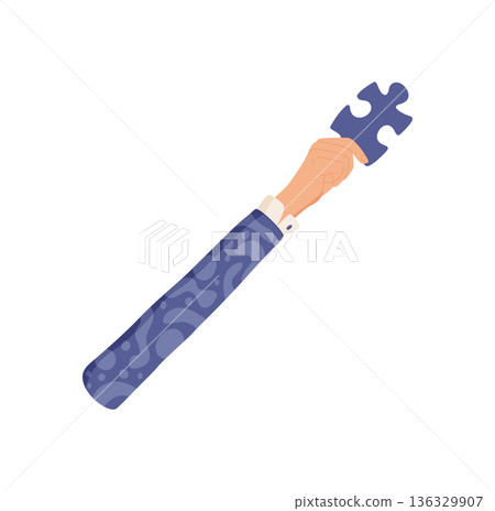Raised hand holding a puzzle piece in flat abstract style. Gesture represents metaphorical support and teamwork. Symbol of unity and solutions, ideal for themes of community aid, charity, creative Raised hand holding a puzzle piece in flat abstract style. Gesture represents metaphorical support and teamwork. Symbol of unity and solutions, ideal for themes of community aid, charity, creative 136329907