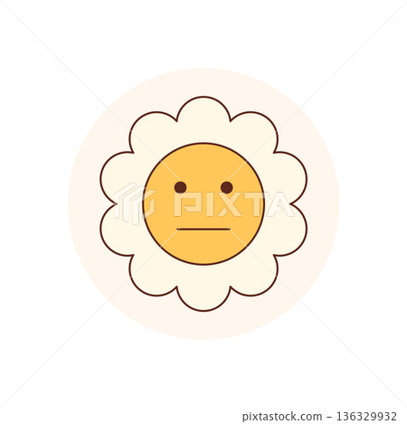 Retro groovy flower sticker with round yellow face in flat style. Circle label creates a playful seal for package or lid. Fun y2k symbol for cheerful packaging. Retro groovy flower sticker with round yellow face in flat style. Circle label creates a playful seal for package or lid. Fun y2k symbol for cheerful packaging. 136329932