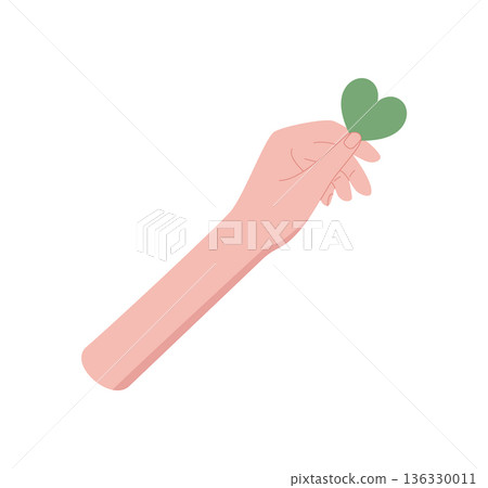 Flat colorful hand with green heart. Gesture symbolizing love and charity, representing aid and hope. Abstract concept of giving help, designed in flat style for charity themes. 136330011