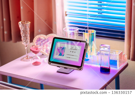 桌上放著平板電腦和一些小物。 136330157