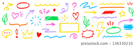 Marker line hand drawn arrow, highlight scribble set. Sketch color hand drawn marker line arrowbrush element shape graphic. Doodle scribble paint underline, circle frame icons. Vector Marker line hand drawn arrow, highlight scribble set. Sketch color hand drawn marker line arrowbrush element shape graphic. Doodle scribble paint underline, circle frame icons. Vector 136330210
