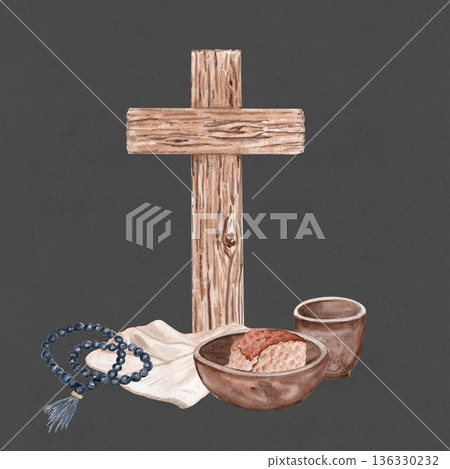 Wooden cross, rosary, bread, linen cloth, clay cup watercolor illustration on dark muted background. Christian composition, copy space for Lent designs, church banners, posters, spiritual publications Wooden cross, rosary, bread, linen cloth, clay cup watercolor illustration on dark muted background. Christian composition, copy space for Lent designs, church banners, posters, spiritual publications 136330232