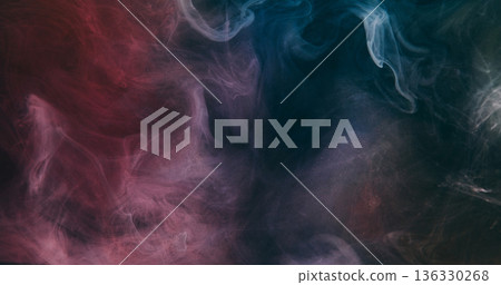 Fume paint blend. Steam ink drop. Defocused blue purple color glitter cloud fog water shiny splash spreading on abstract background. 136330268