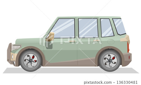 Side view vector illustration of a boxy light green SUV featuring tan accents. Off-road bumpers and stylized alloy wheels against a clean white background. Side view vector illustration of a boxy light green SUV featuring tan accents. Off-road bumpers and stylized alloy wheels against a clean white background. 136330481