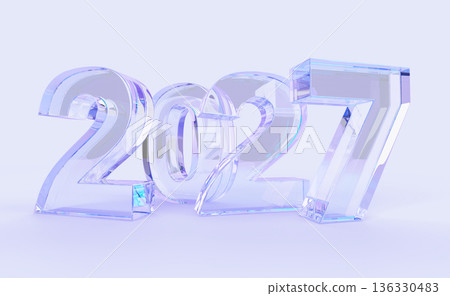 Happy New Year glass holographic number 2027 on pastel purple 3d background. Iridescent transparent digits, blue ice crystal type font for Christmas congratulation banner or calendar. 3D illustration Happy New Year glass holographic number 2027 on pastel purple 3d background. Iridescent transparent digits, blue ice crystal type font for Christmas congratulation banner or calendar. 3D illustration 136330483
