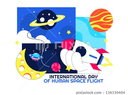 International Day Of Human Space Flight Vector Illustration On April 12 Featuring Astronaut Standing On Moon With Transmitter Satellites And Planets International Day Of Human Space Flight Vector Illustration On April 12 Featuring Astronaut Standing On Moon With Transmitter Satellites And Planets 136330484