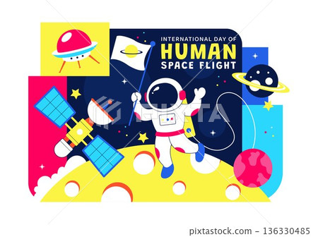 International Day Of Human Space Flight Vector Illustration On April 12 Featuring Astronaut Standing On Moon With Transmitter Satellites And Planets International Day Of Human Space Flight Vector Illustration On April 12 Featuring Astronaut Standing On Moon With Transmitter Satellites And Planets 136330485