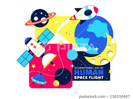 International Day Of Human Space Flight Vector Illustration On April 12 Featuring Astronaut Standing On Moon With Transmitter Satellites And Planets International Day Of Human Space Flight Vector Illustration On April 12 Featuring Astronaut Standing On Moon With Transmitter Satellites And Planets 136330487