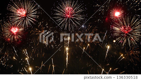 Firework celebrate anniversary happy new year 2024, 4th of july holiday festival. colorful firework in the night time to celebrate national holiday. countdown to new year 2025 party time event. 136330518
