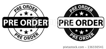 Pre Order rounded icon. Pre Order symbol. black and white round pre-order stamps. flat style. Pre Order rounded icon. Pre Order symbol. black and white round pre-order stamps. flat style. 136330541