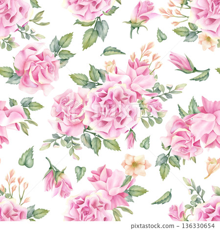Pink rose seamless pattern, delicate floral watercolor composition with fresh flowers. Pastel color botanical beautiful spring Illustration, freesia isolated from background for packaging, textile 136330654