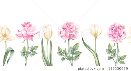Floral spring seamless border. Watercolor Pink rose and white tulip flower. Hand drawn elegance botanical repeat art with leaves isolated from background. Wedding decoration, printing, textile design Floral spring seamless border. Watercolor Pink rose and white tulip flower. Hand drawn elegance botanical repeat art with leaves isolated from background. Wedding decoration, printing, textile design 136330659