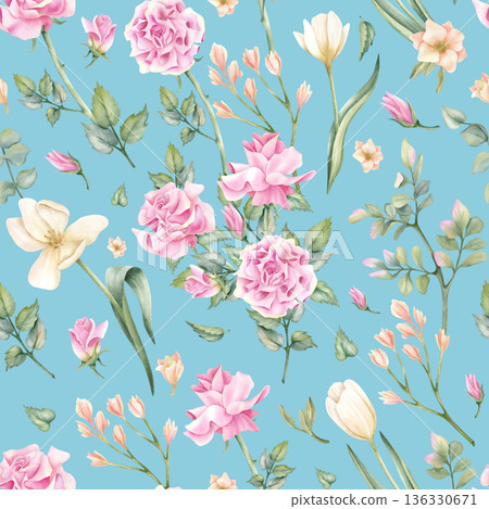Delicate floral seamless pattern with rose, tulips, greenery on blue background. Watercolor spring flowers. Illustration in pastel color, vintage style for textile design, wallpapers, packaging 136330671