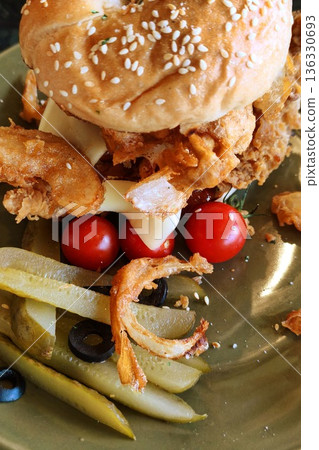 close up of hamburger with chicken close up of hamburger with chicken 136330693