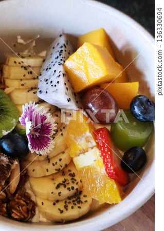 close up of a vibrant breakfast bowl  136330694