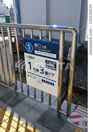 Boarding position guide boards and fall prevention fences on station platforms Boarding position guide boards and fall prevention fences on station platforms 136330834