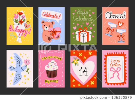 Set of romantic posters and postcards for Valentine's Day. Printable designs with hearts, champagne glasses, cake, dove, flower bouquet, love letter, toy teddy bear, gift box. Decor for holidays, wedd Set of romantic posters and postcards for Valentine's Day. Printable designs with hearts, champagne glasses, cake, dove, flower bouquet, love letter, toy teddy bear, gift box. Decor for holidays, wedd 136330879