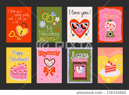 Set of romantic posters and postcards for Valentine's Day. Printable designs with hearts, cake, flowers, key, lock, lollipop, mailbox with love letters, gift, gumball hearts. Decor for celebrations. Set of romantic posters and postcards for Valentine's Day. Printable designs with hearts, cake, flowers, key, lock, lollipop, mailbox with love letters, gift, gumball hearts. Decor for celebrations. 136330880