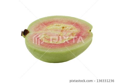 Guavas with a bright green exterior fruit have red flesh inside, isolated on a white background Guavas with a bright green exterior fruit have red flesh inside, isolated on a white background 136331236