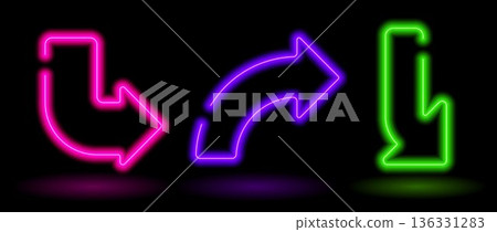Bright neon curved arrow element. Glowing led direction sign. Shine tube lamps in arrowhead shape. Luminous fluorescent pointer effect for banner, poster, logo. Vector neon led light illustration 136331283