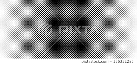 Thin to thick net pattern gradient. Fading grid gradation texture background. Black repeated mesh backdrop for overlay, print, cover, banner, poster. Vanishing overlapping lattice wallpaper. Vector 136331285