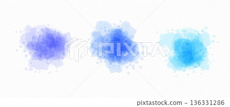Blue hues blobs set in watercolor style. Soft liquid watercolour texture splash effects. Round dry ink or paint brush shape elements. Vector shades of blue wet color splatters, spots, stains, drops 136331286