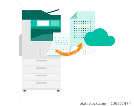 Illustration of automatic document sorting using a multifunction printer and OCR. Business improvement through cloud collaboration. 136331474